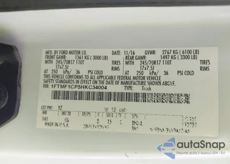 2017 Ford F-150 Xl z USA, uszkodzony, nr VIN 1FTMF1CP5HKC34004